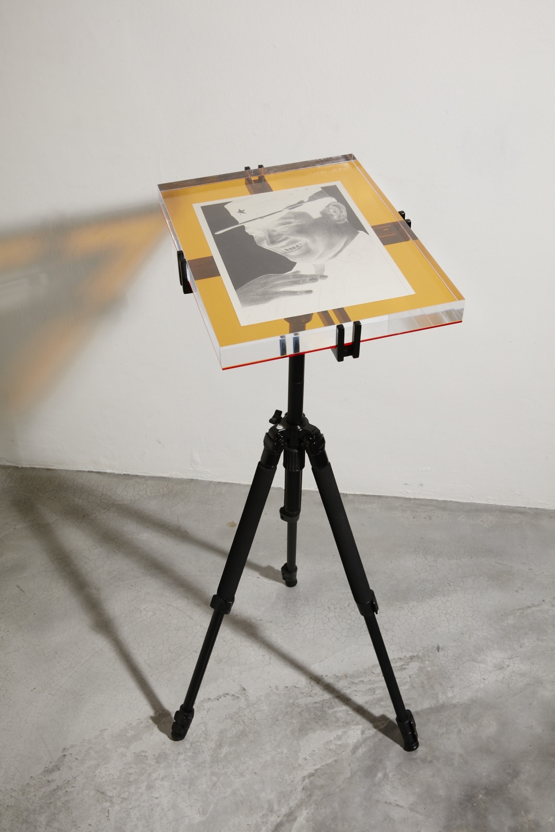 Boedi Widjaja, <i>Imaginary Homeland: 我是不是该安静地走开 (SHALL I QUIETLY WALK AWAY)</i>, 2015, Graphite on paper, acrylic, steel and camera tripod, 18.1 x 18.1 x 35.4 in.