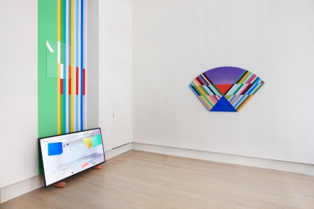 Anton Ginzburg, <i>New York Color-Space Initiative #5 and COEV Composition #12</i>, 2019, Interior flat wall enamel, acrylics and mirrored glass, Mirrored glass panel 24 x 18 in, wall enamel 11 x 4 ft