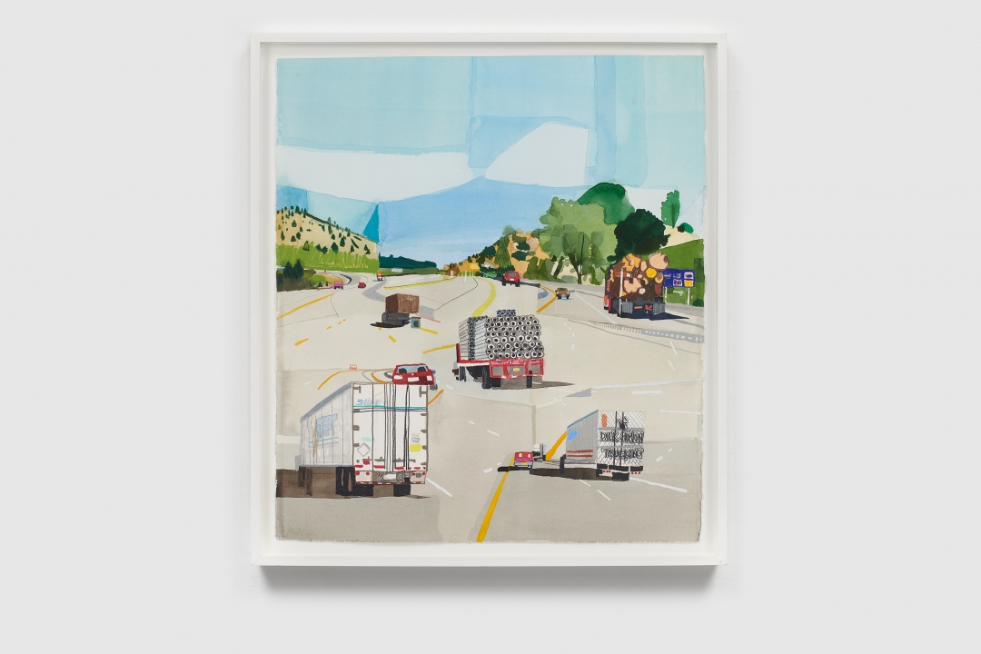 Jonas Wood, <i>NW Road</i>, 2006, watercolor and colored pencil on paper, 26 x 23 in (66.0 x 58.4 cm)