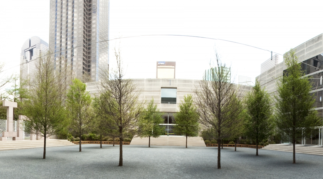 Richard Fleischner, <i>Dallas Museum of Art, Courtyard Project</i>, project executed 1981-83, restored 2009-10, all aspects of the courtyard, including stairs, plantings, limestone, marble, and wood. Edward Larrabee Barnes, Architect., 115 x 115 feet. Dallas Museum of Art, Texas.