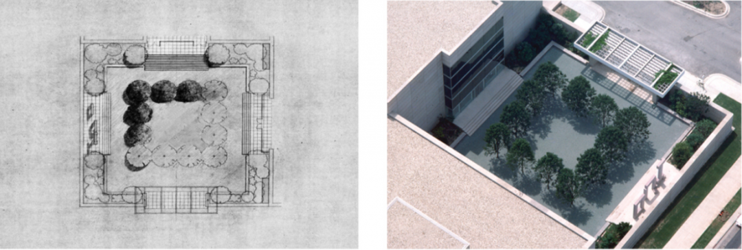 Richard Fleischner, <i>Dallas Museum of Art, Courtyard Project</i>, project executed 1981-83, restored 2009-10, left: drawing plan, colored pencil on vellum; right: aerial view of original courtyard, Dallas Museum of Art, plan: 36 x 42 inches (91.5 x 107 cm); courtyard: 115 x 115 feet