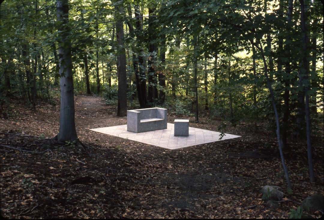 Richard Fleischner, <i>Becton Dickinson Project</i>, 1985-87, detail of one aspect of site, depicting granite inlay with elements in woods. Work included exterior garden terrace area, with stepped grass plane, and inlay in woods. Work included all aspects of the site in Franklin Lakes, New Jersey, 