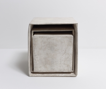 Richard Fleischner, <i>Three boxes</i>, 2014, cardboard, plaster, paint, 10 3/8 x 9 1/4 x 10 1/8 inches (26.3 x 23.4 x 25.7 cm)