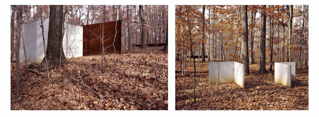 Richard Fleischner, <i>Baltimore Project</i>, 1980, ten steel and granite elements on a two-acre site, Woodlawn, Maryland. Left: secondary axis from granite cube, steel plane, horizontal plane; right: secondary axis from implied cubes toward steel plane., 