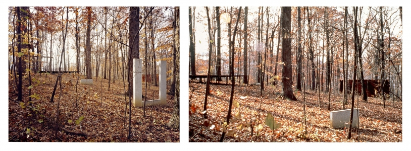Richard Fleischner, <i>Untitled</i>, 1980, ten steel and granite elements on a two-acre site, Woodlawn, Maryland. Left: detail of column walls; right: primary axis between building and woods, approx. 350 feet in length., 