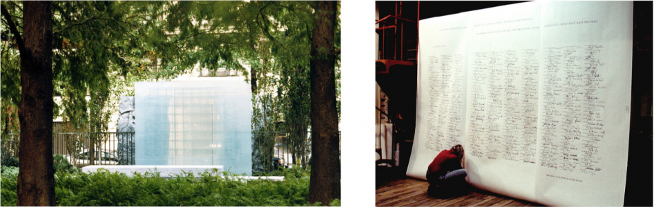 Richard Fleischner, <i>Marsh &McLennan Companies, September 11, 2001 Memorial</i>, 2002-03, left: northern view through grove of trees to bench and glass dedicatory wall; right: laminated glass with names and signatures of victims. Memorial for 355 employees lost of 9/11, located at March & McLennan's headquarters at 1166 Ave of the Americas, 