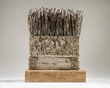 Richard Fleischner, <i>Untitled Construction</i>, 2016, wood, cardboard, earthen-plaster, catalpa pods, 25 1/2 x 20 1/4 x 5 7/8 inches (64.8 x 51.4 x 14.9 cm)