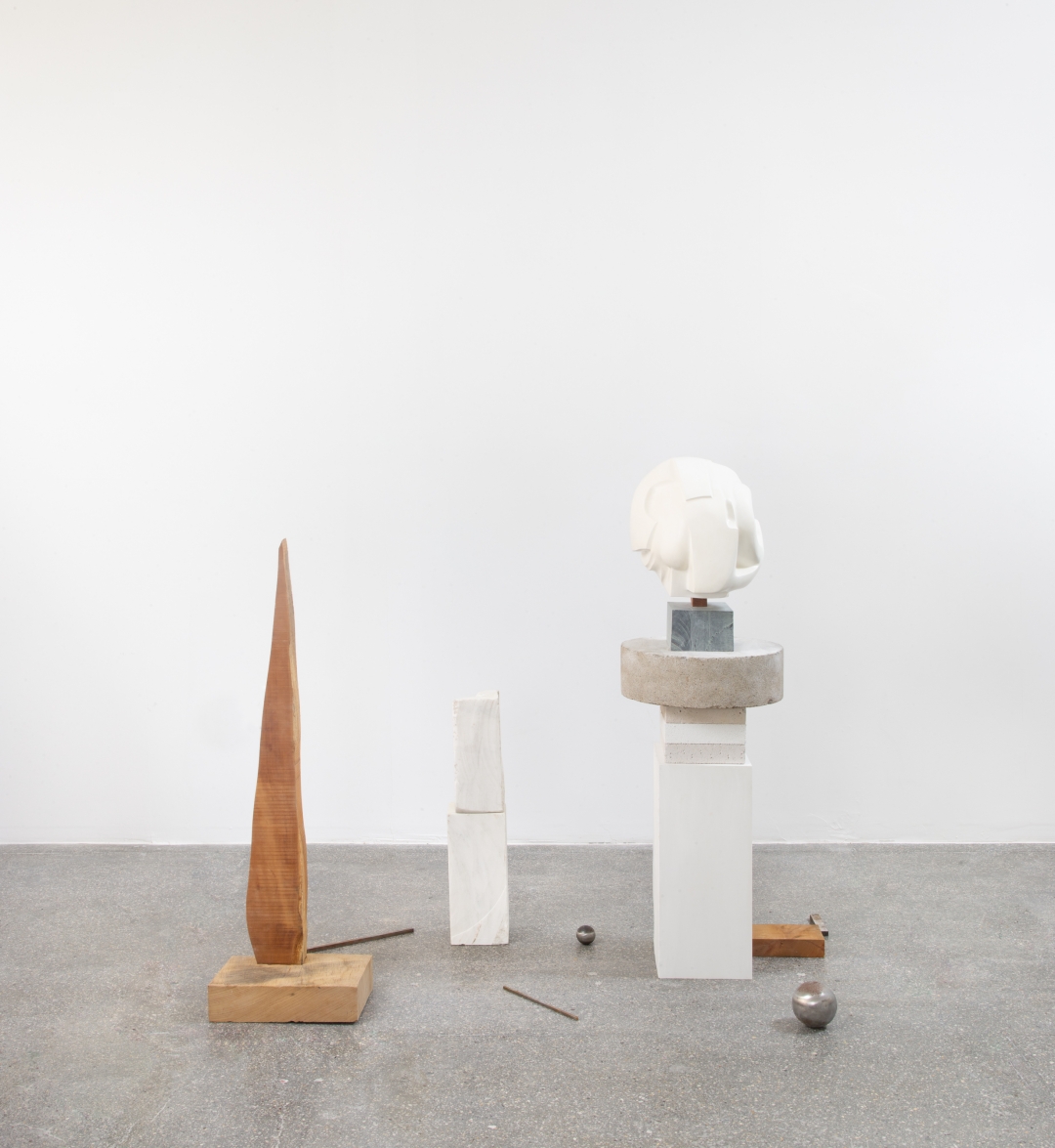 Christina Kruse, <i>Will o' the wisp</i>, 2021, sculpture with 11 elements: 3 marble blocks, wood, metal spheres, lead bars and lead stick, dimensions variable