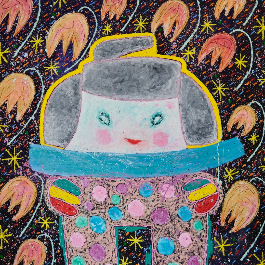 Adam Handler, <i>Pajama Girl with alien tulips at midnight</i>, 2022, Oil stick and acrylic on canvas, 52 x 52 in (132.1 x 132.1 cm)