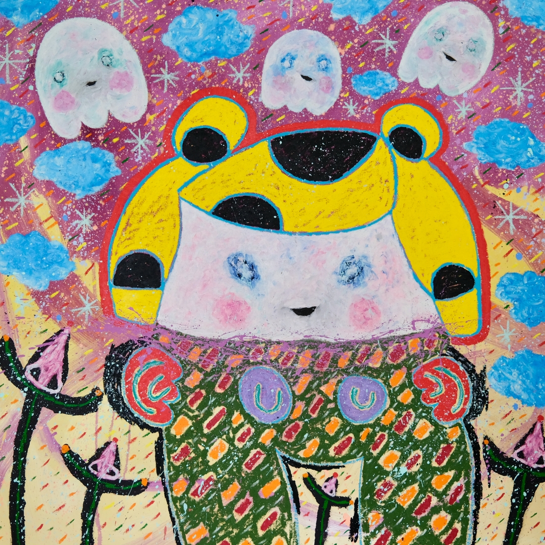 Adam Handler, <i>Pajama Girl with ghost buddies in softer gardens</i>, 2022, Oil stick and acrylic on canvas, 52 x 52 in (132.1 x 132.1 cm)
