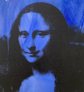 Donald Sheridan, <i>Donald Sheridan “The Mona Lisa Project” (Face Blue)</i>, 2022, Synthetic polymer paint Silkscreened on canvas, 11 x 11 (27.9 x 27.9 cm)