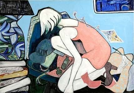 Veronique Cauchefer, <i>Pack Up</i>, 2022, Oil and acrylic on canvas, 30 1/4 x 41 in (77 x 104 cm)