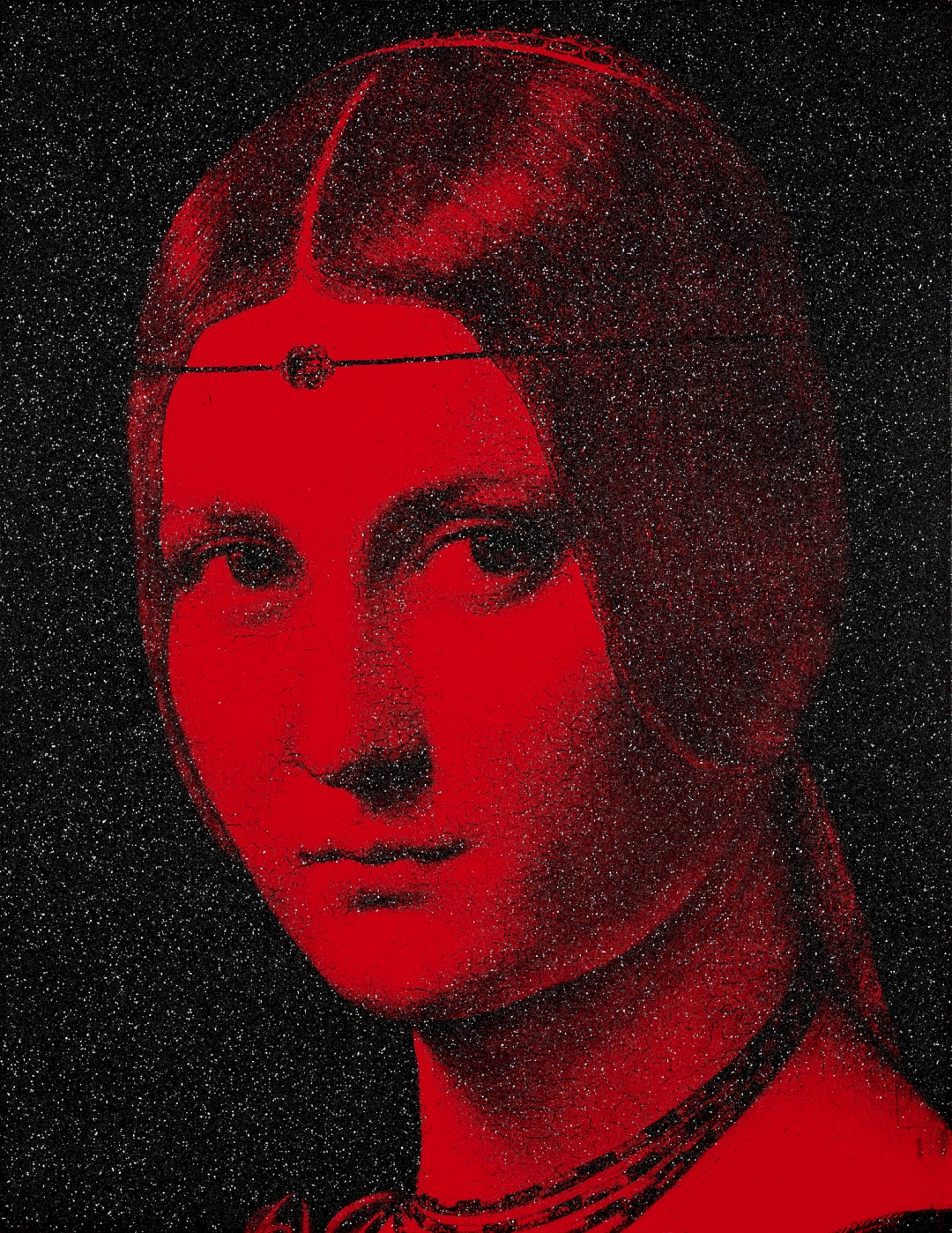 Jacob Skornik, <i>la Belle Ferronière _ red (After Leonardo da Vinci)</i>, 2023, Acrylic on canvas with diamond dust, 62 x 48 inches